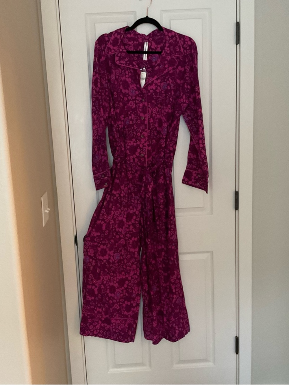 Anthropologie Magenta Floral Long Sleeve Jumpsuit/Romper